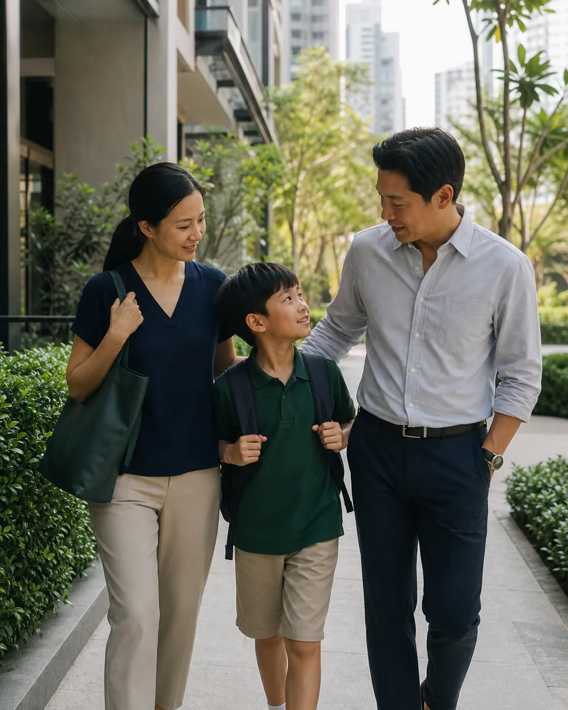 Parents and their school-age child beginning a weekday routine in their Kuala Lumpur neighbourhood