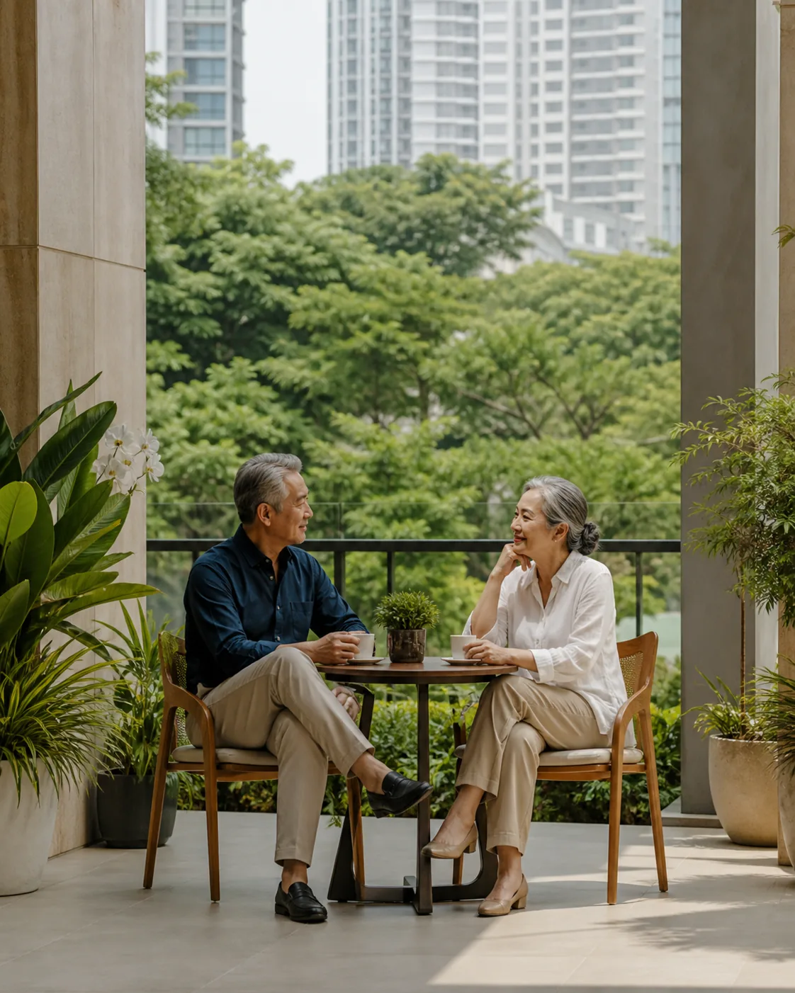 Mature couple enjoying a settled morning in a leafy Kuala Lumpur residential community