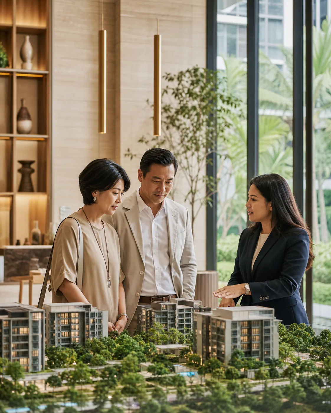Couple reviewing a Malaysian residential development model with a property adviser