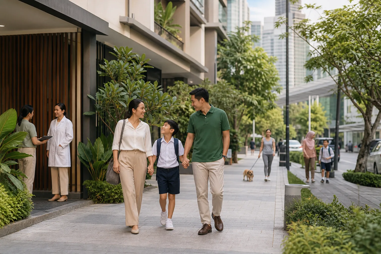 Family walking through a connected Kuala Lumpur neighbourhood near everyday services