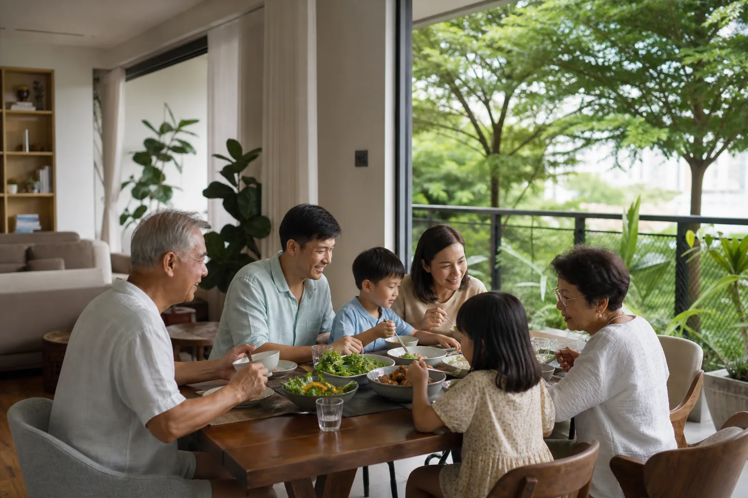 Multigenerational family sharing an everyday meal in their Malaysian home