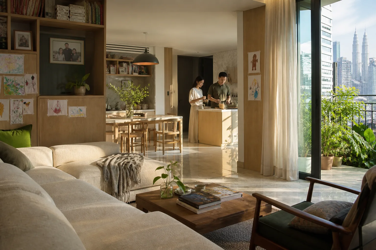 Personal and lived-in Kuala Lumpur condominium with a couple preparing tea at home