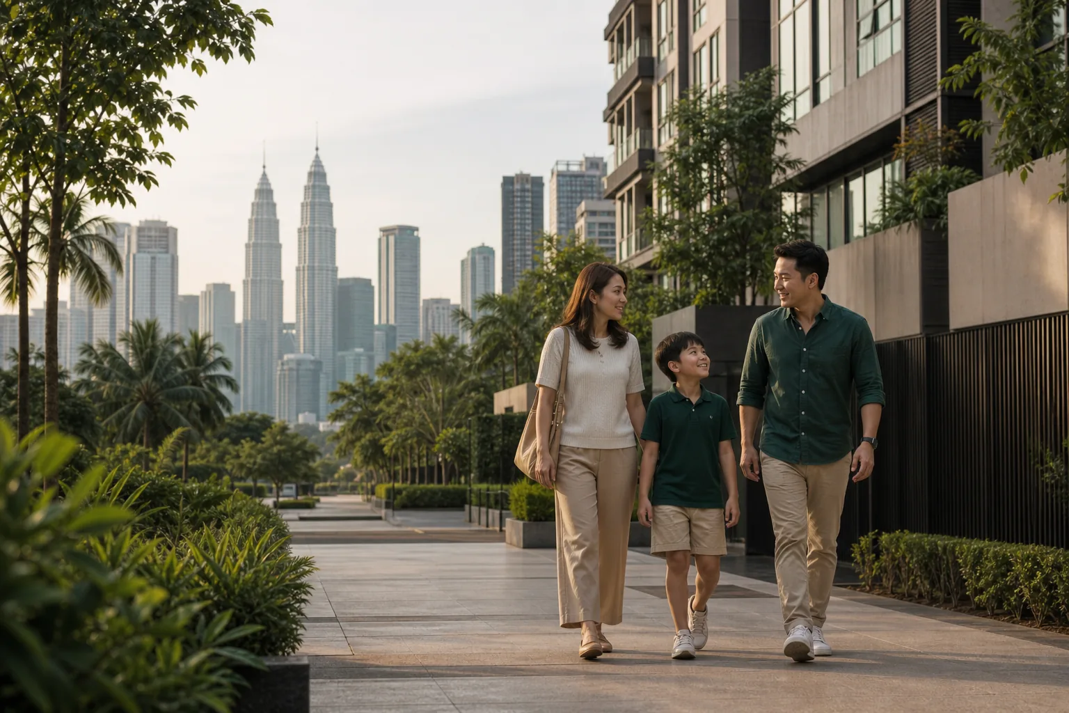 Family returning home through a landscaped Kuala Lumpur residential neighbourhood