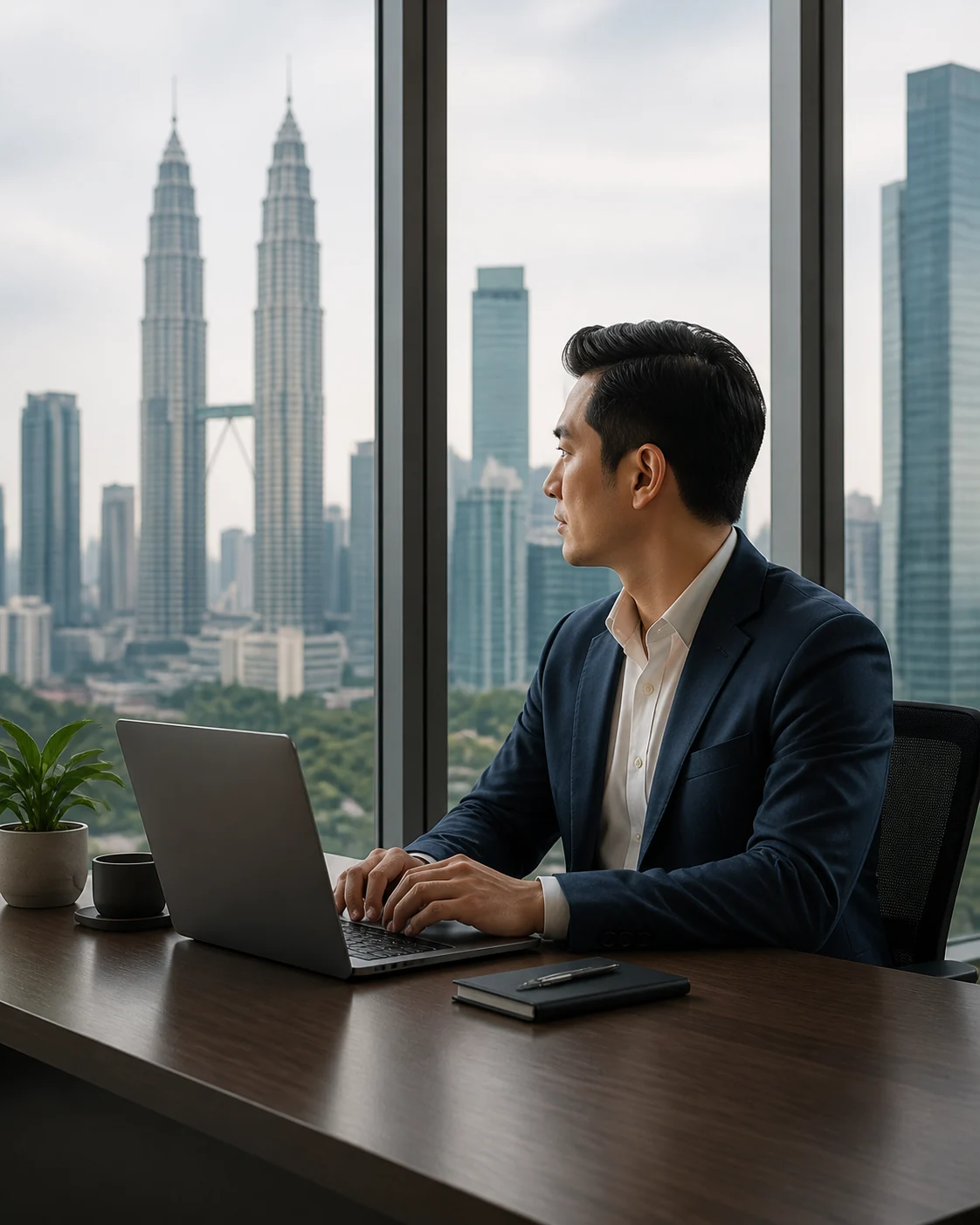 Business leader working in a premium Kuala Lumpur office overlooking the Petronas Twin Towers