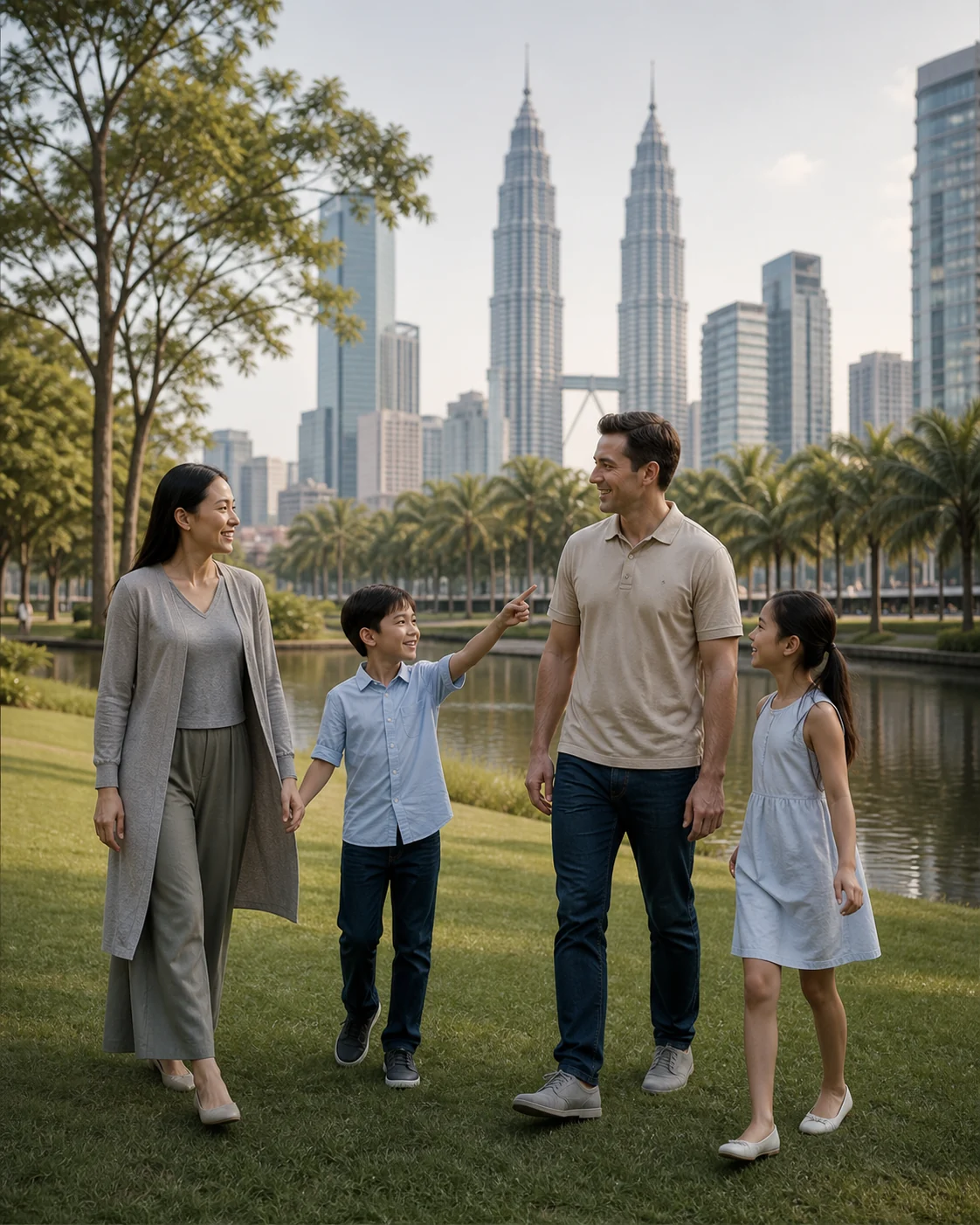 International family walking together in Kuala Lumpur with the Petronas Twin Towers behind them