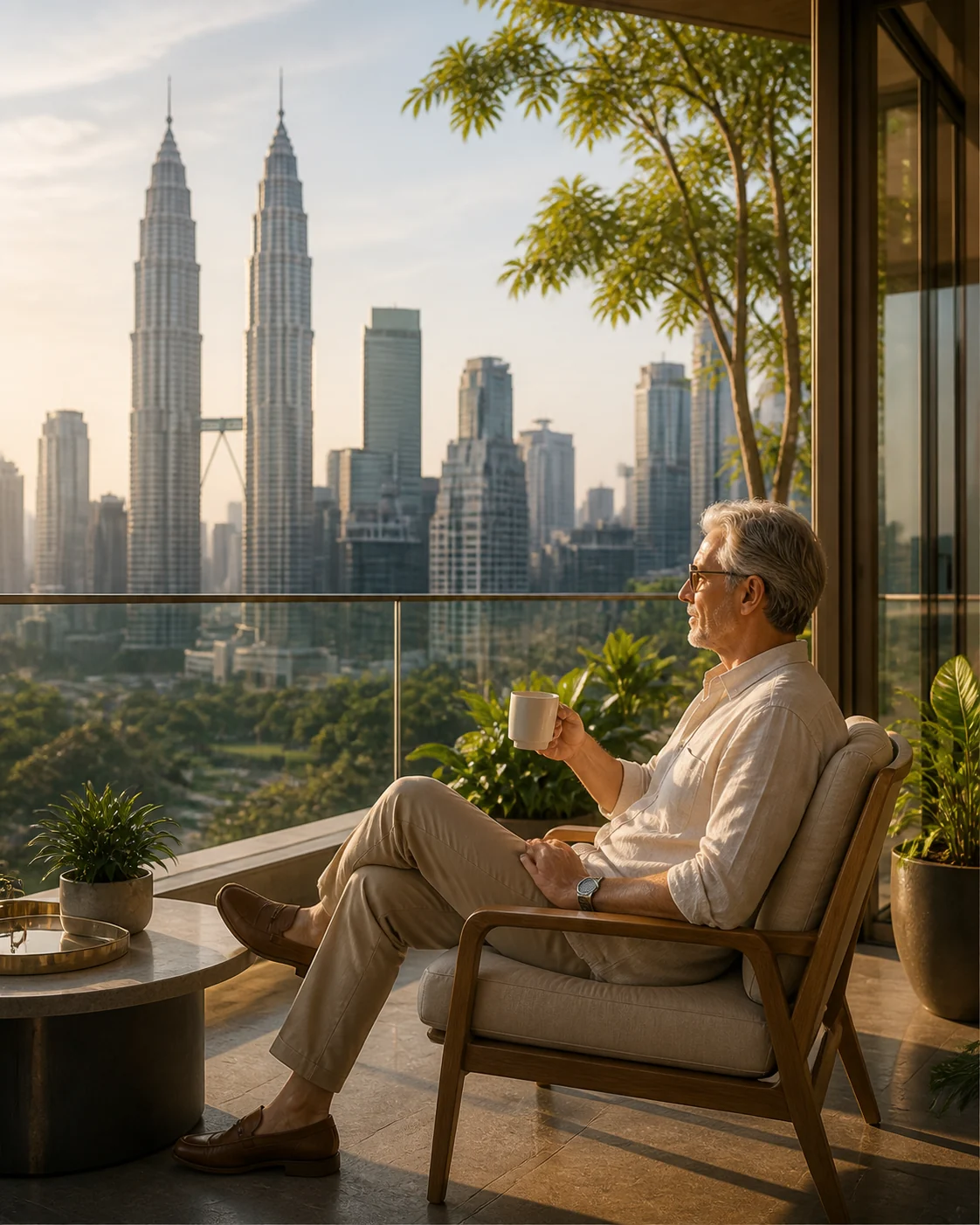 Long-term planner relaxing on a Kuala Lumpur balcony overlooking the Petronas Twin Towers