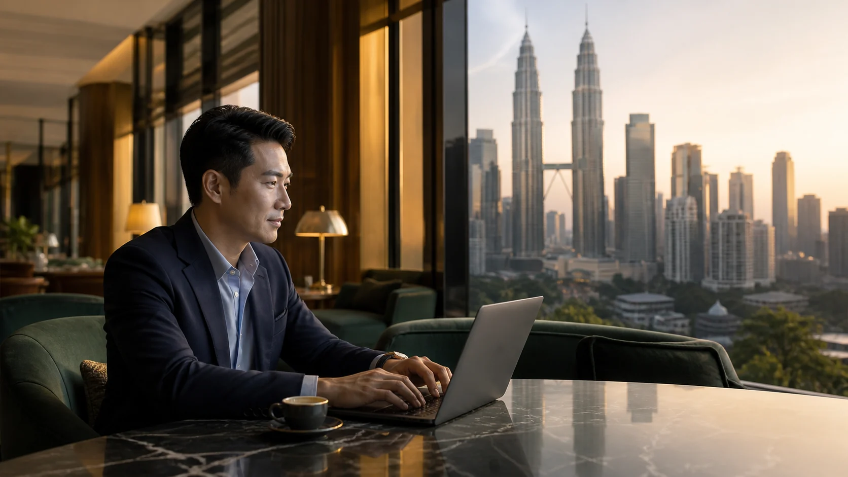 Business leader working in a premium Kuala Lumpur lounge with the Petronas Twin Towers behind him