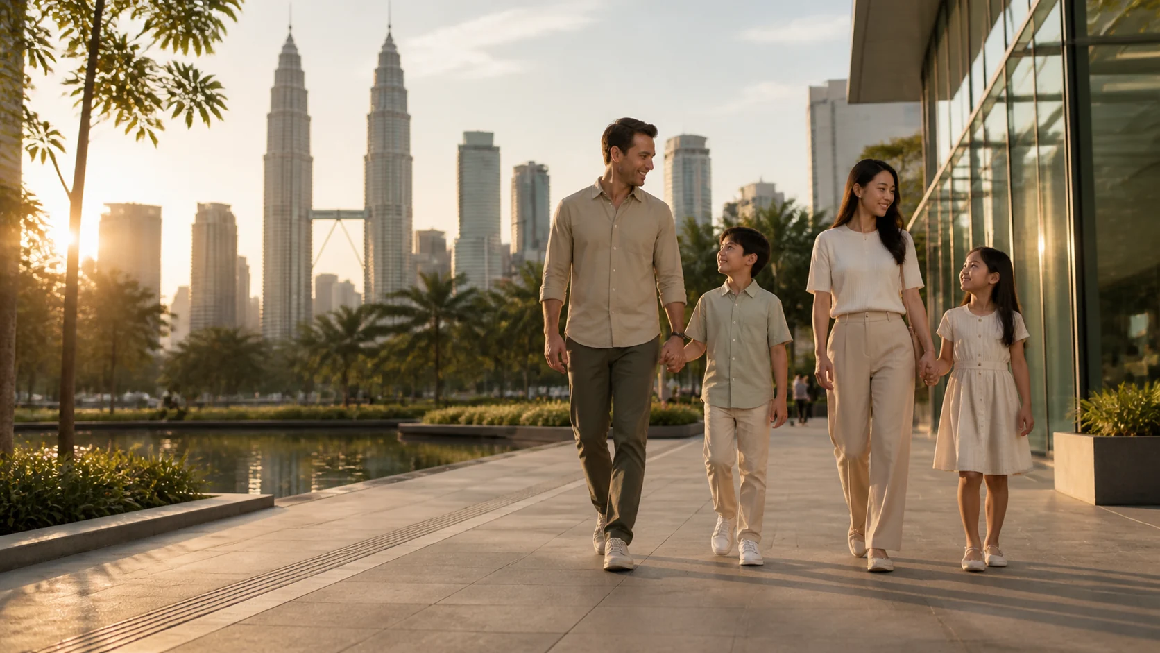 International family walking through a premium Kuala Lumpur neighbourhood at golden hour