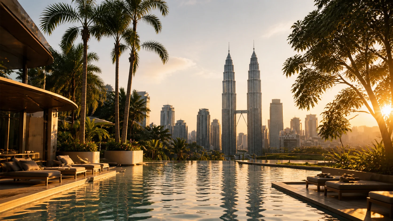 Premium infinity pool overlooking the Petronas Twin Towers at golden hour