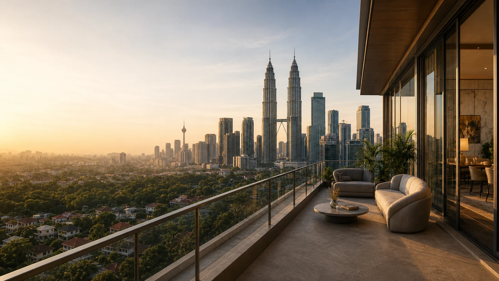 Premium Kuala Lumpur penthouse terrace overlooking the Petronas Twin Towers at golden hour