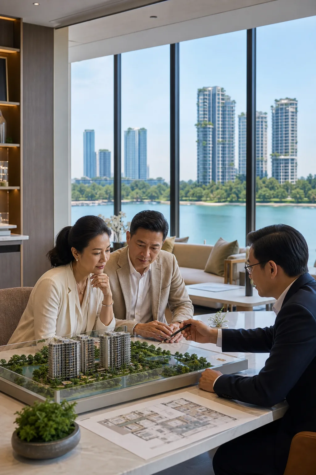 Asian homebuyers reviewing a waterfront residential model with a property adviser in Forest City