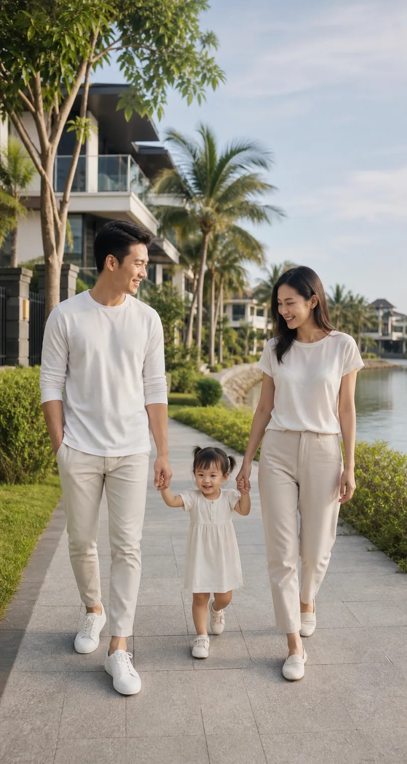 Young Asian family walking through a waterfront residential neighbourhood in southern Johor