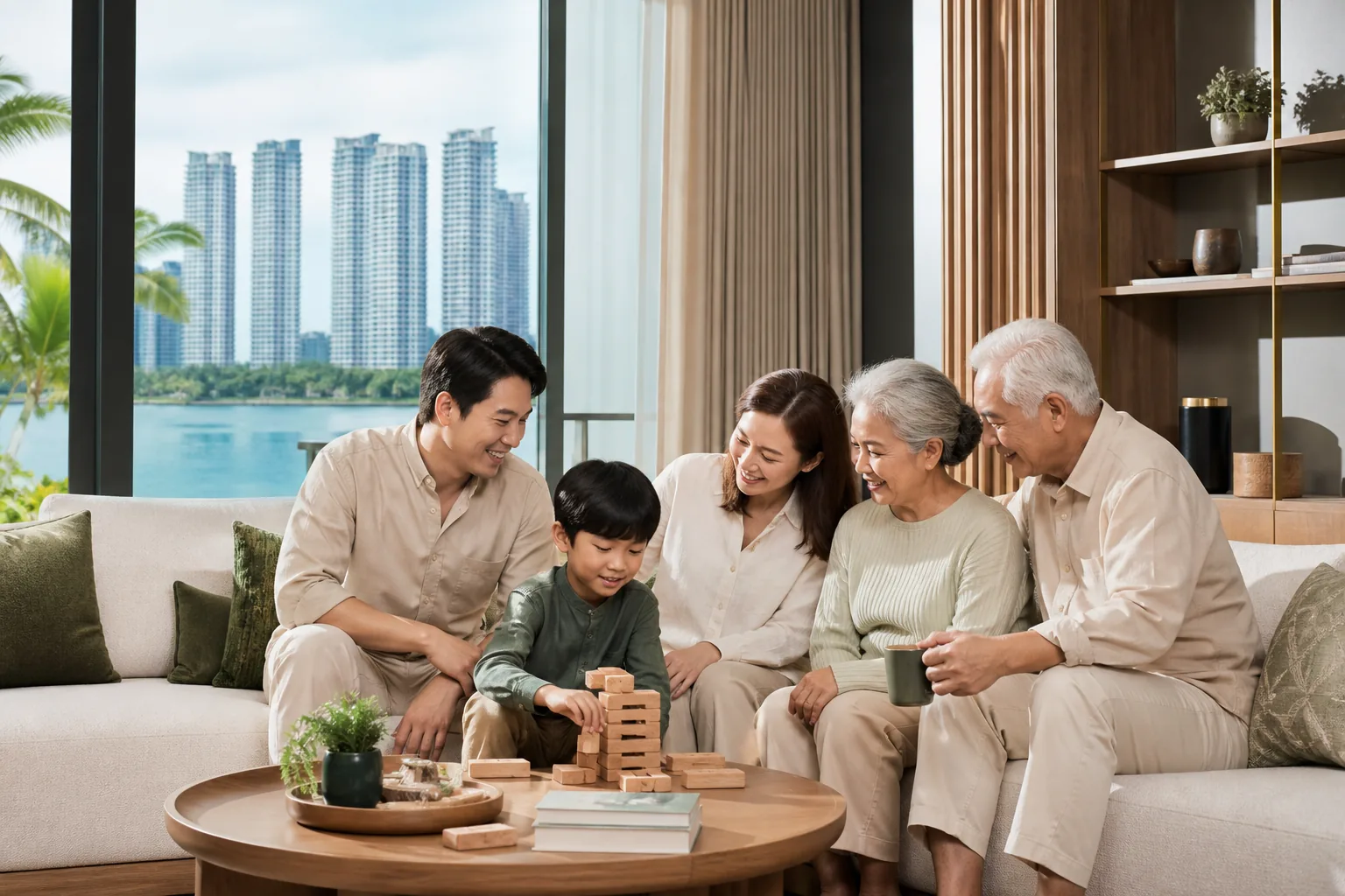 Asian multigenerational family enjoying everyday life in a Forest City waterfront home