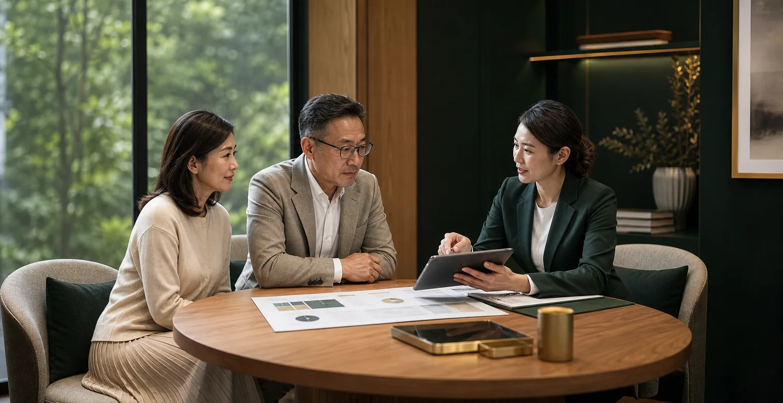 Asian couple discussing a structured fixed-deposit plan with a banking adviser