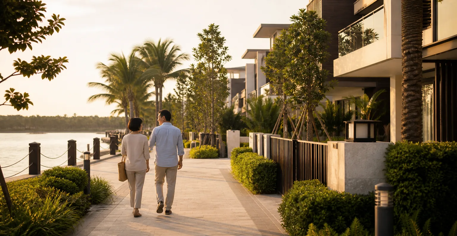 Couple walking home through an established waterfront neighbourhood in southern Johor