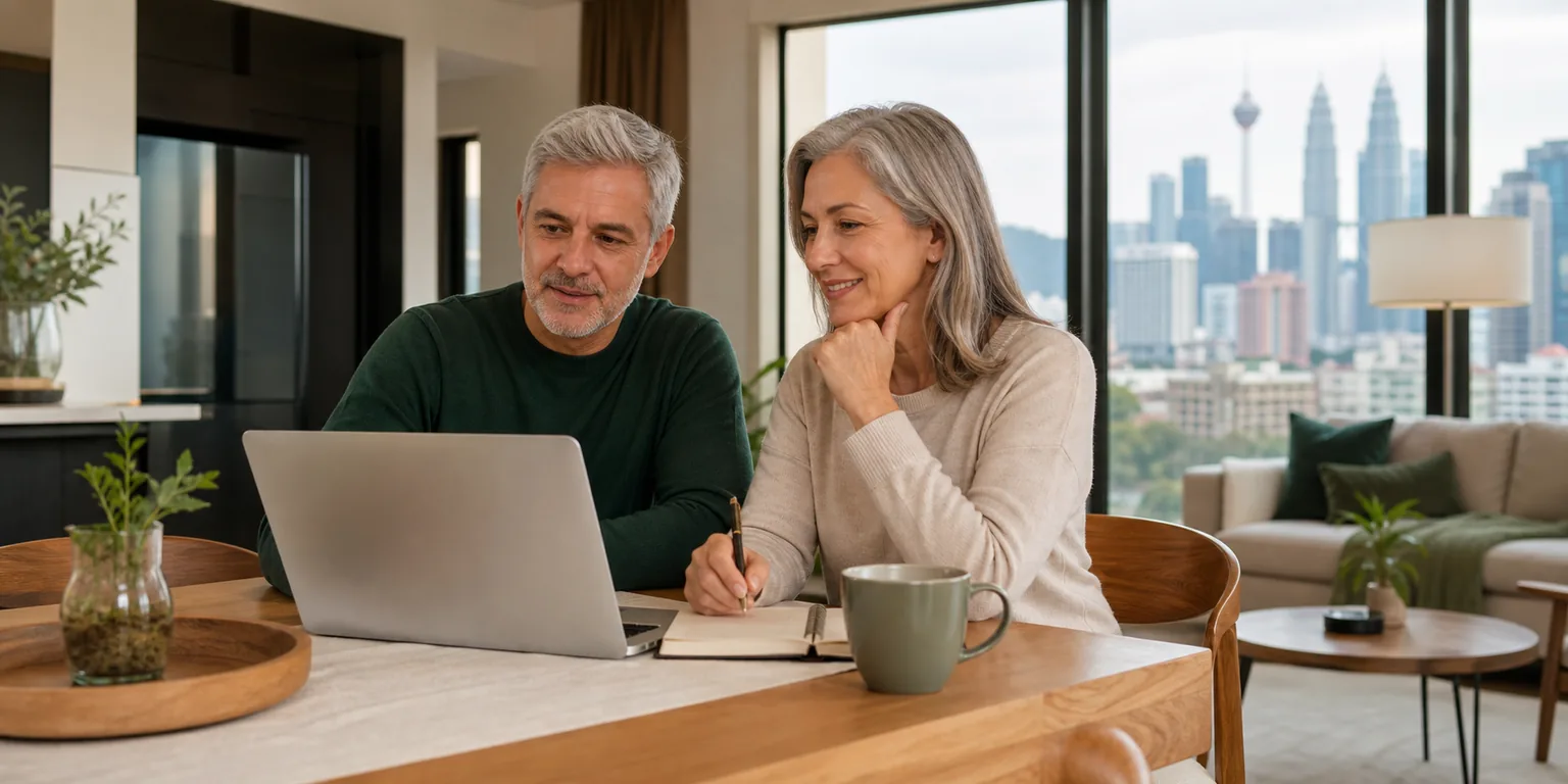 A mature international couple calmly planning their Malaysia household budget at home in Kuala Lumpur