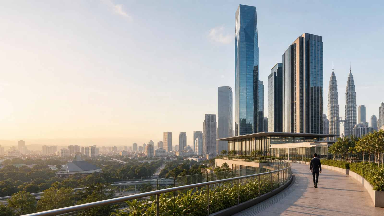 Kuala Lumpur business district and Petronas Twin Towers at sunrise