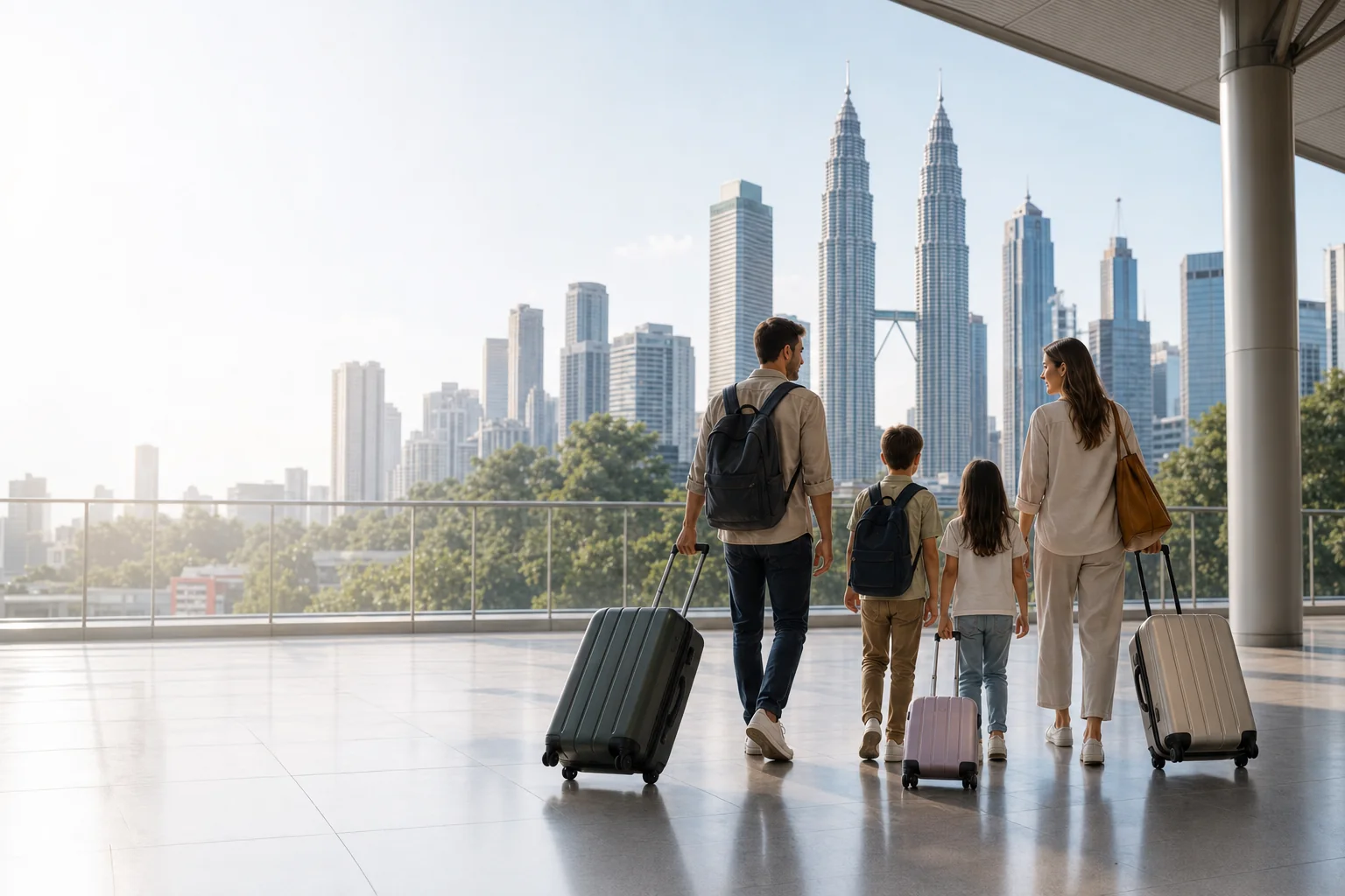 A family arriving in Kuala Lumpur with luggage and the city skyline ahead