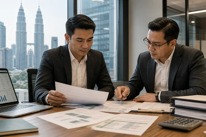 Two male accountants reviewing financial statements at a modern Kuala Lumpur accounting firm