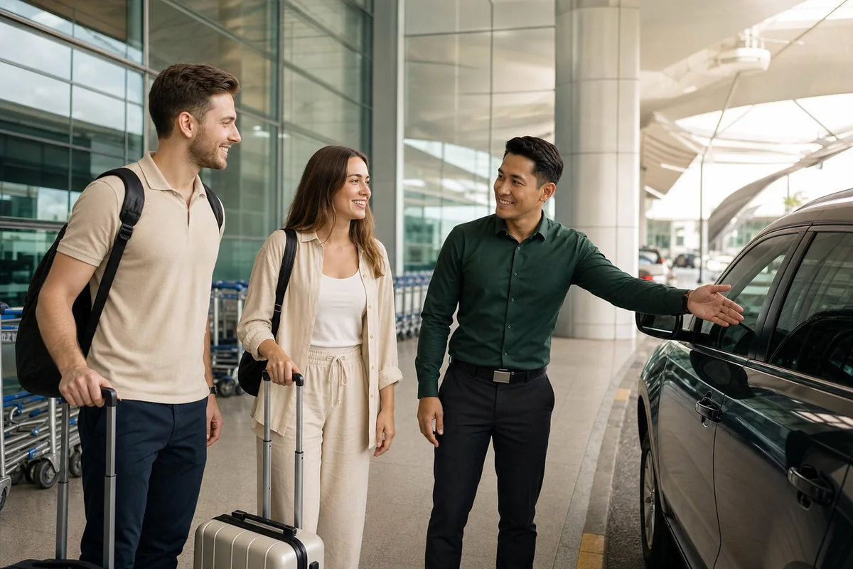 An airport transfer driver welcoming international travellers with luggage at the airport