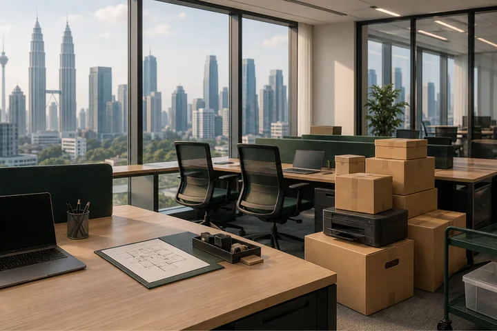 A modern Kuala Lumpur office being set up with desks, equipment and moving boxes