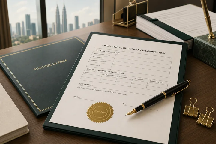 Business incorporation documents, a legal form and a company licence folder on a professional desk