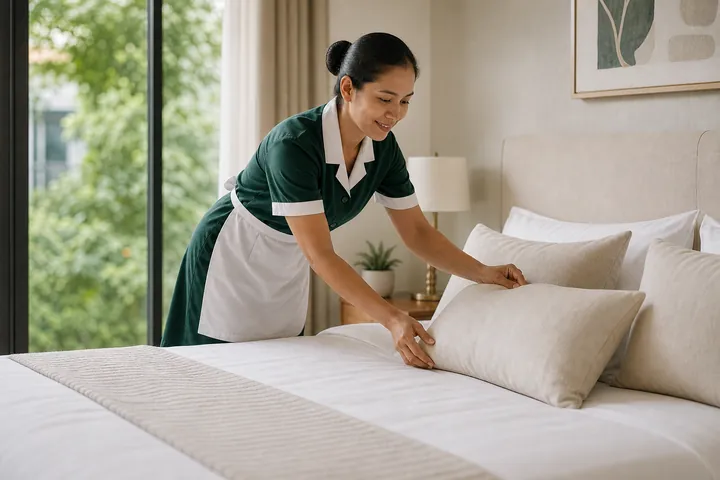 A professional domestic helper preparing a comfortable family bedroom