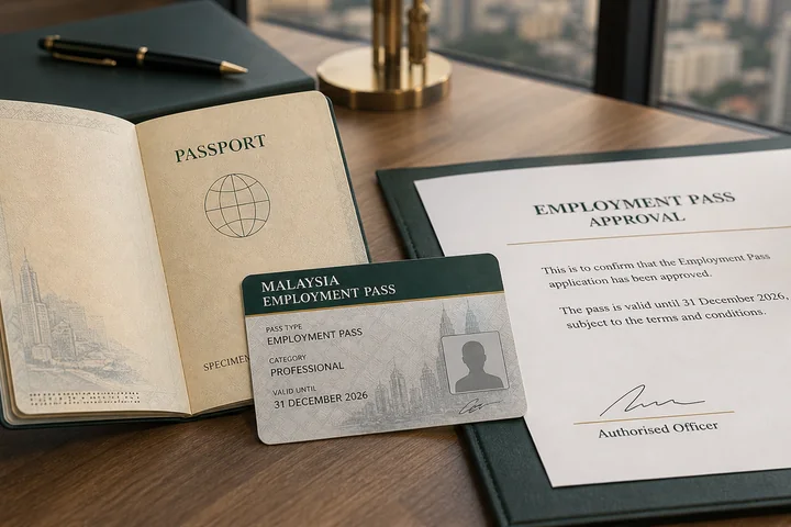 A foreign passport, fictional Malaysia employment pass and work-authorisation approval document