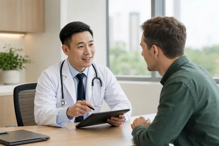 A doctor consulting with an international patient in a modern clinic