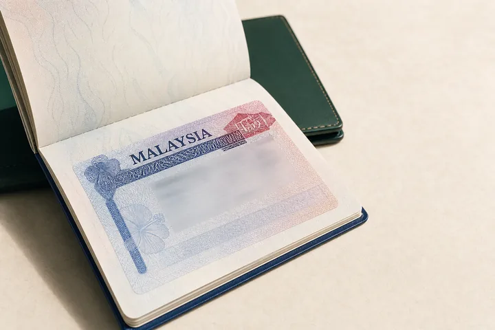 A foreign passport opened to a Malaysia visa sticker