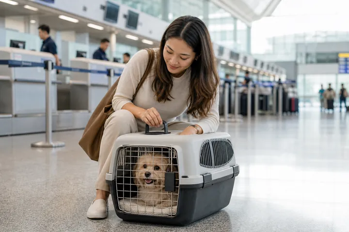 A traveller reassuring a dog in an airline-approved pet carrier