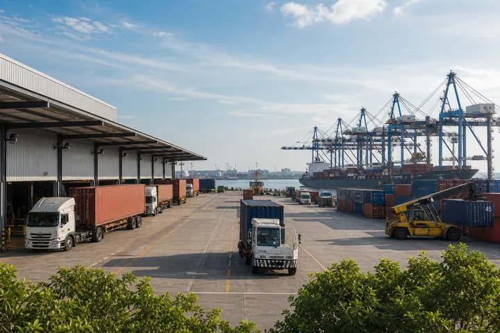 Warehouses, cargo cranes and container logistics at Port Klang